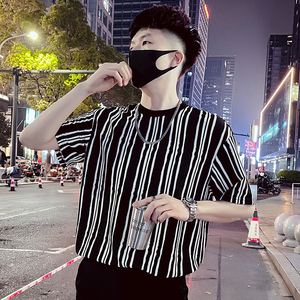 T53-P55 条纹短袖夏季男款冰丝T恤七分袖男轻熟风潮牌圆领重磅图片