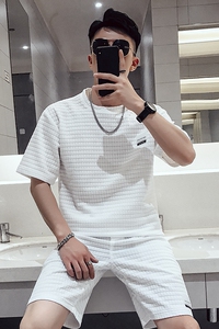 M88 网红潮牌超火华夫格夏季两件时尚套装2021潮流帅气男装2图片