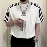 X27-P58侧边条纹短袖T恤男夏季圆领2024新款男装上衣潮牌痞2，男装T恤，电商A257