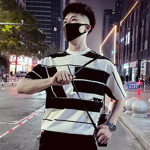 T93-P58 黑白拼接短袖T恤男夏季潮牌痞帅高级感轻熟风五分袖上衣1图片