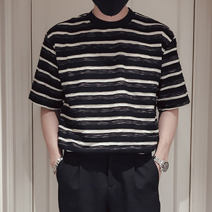 T86-P58 夏季男士条纹休闲设计感透气新款宽松半袖百搭个性T恤1图片