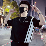 T69-P55短袖夏季男款新款不对称条纹设计感体恤七分袖潮流重磅1，男装T恤，电商A257