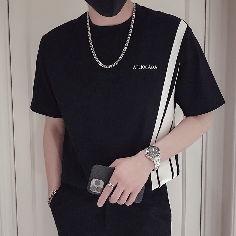 T69-P55刺绣短袖夏季拼接2023新款潮流圆领T恤ins潮牌休闲上衣1，男装T恤，电商A257