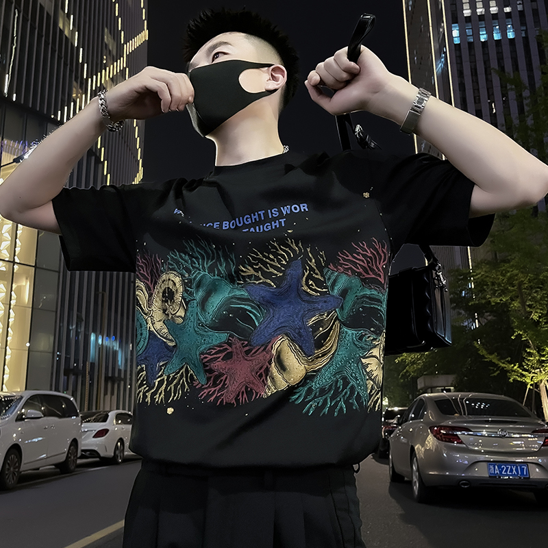 X51-P58美式涂鸦T恤男重磅短袖彩印2024新款夏季男装上衣痞帅气1，男装T恤，电商A257