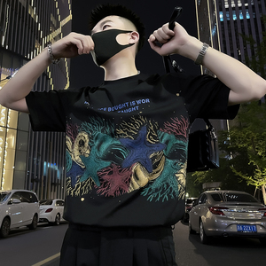 X51-P58 美式涂鸦T恤男重磅短袖彩印2024新款夏季男装上衣痞帅气1,男装T恤,电商A257