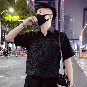 T75-P58 夏季时尚个性条纹高级感夜店短袖衬衫穿搭时尚潮牌上衣图片