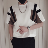 T65-P55黑白拼接撞色短袖男小领口潮牌痞帅炸街重磅T上衣高级感，男装T恤，电商A257