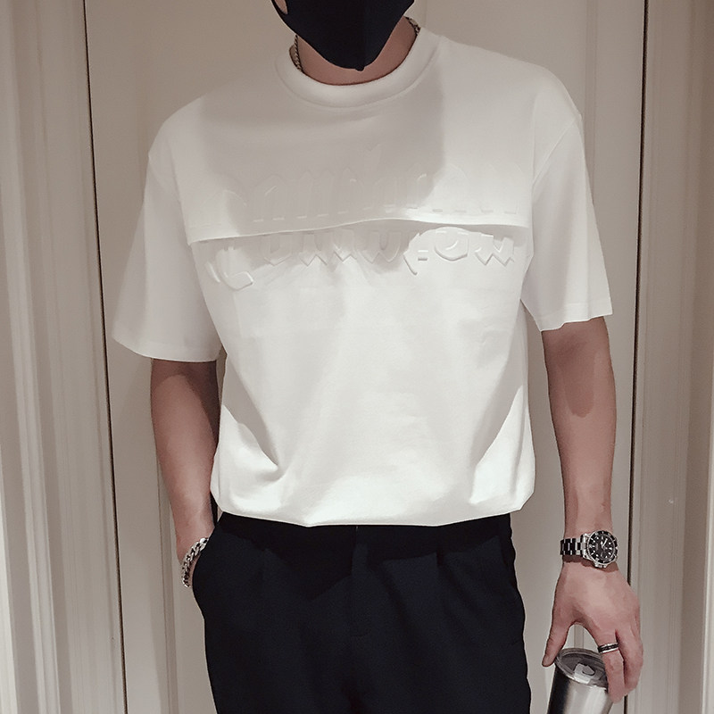 T83-P58 夏季男士T恤设计感压印双层字母男士纯色短袖痞帅个性2图片