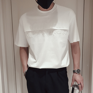 T83-P58 夏季男士T恤设计感压印双层字母男士纯色短袖痞帅个性2图片