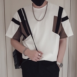 T65-P55黑白拼接撞色短袖男小领口潮牌痞帅炸街重磅T上衣高级感，男装T恤，电商A257
