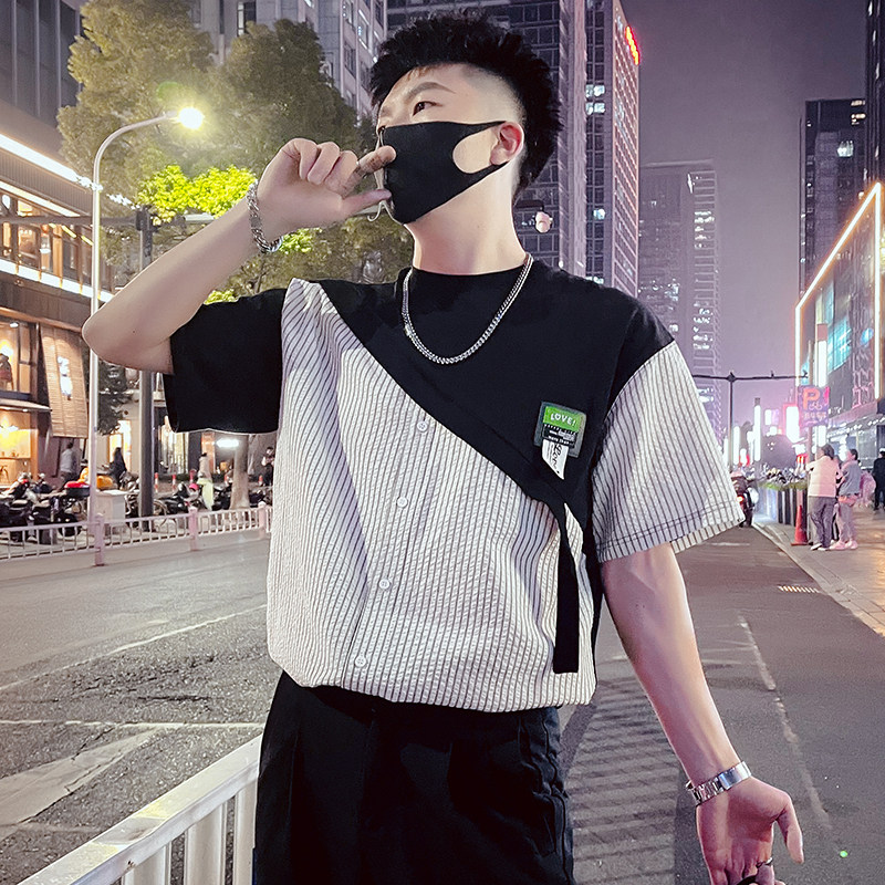 T38-特P58拼接条纹T恤男夏季短袖2023潮流男装休闲个性ins潮牌1,男装T恤,电商A257