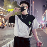 T38-特P58拼接条纹T恤男夏季短袖2023潮流男装休闲个性ins潮牌1，男装T恤，电商A257