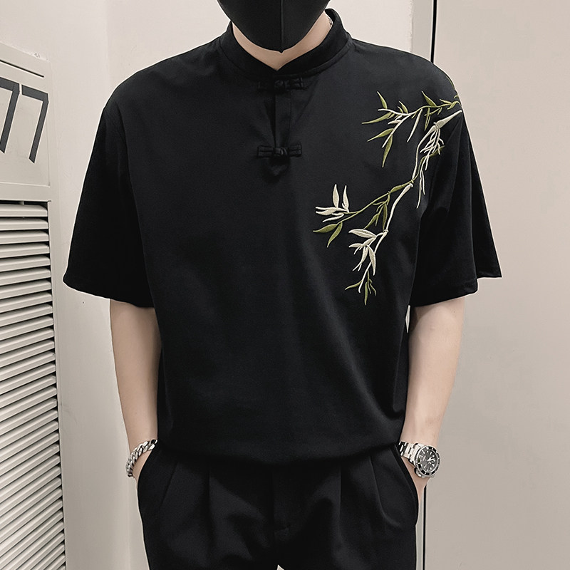 X48-P58新中式短袖衬衫男竹子刺绣寸衫垂感上衣2024新款夏季2,男装T恤,电商A257