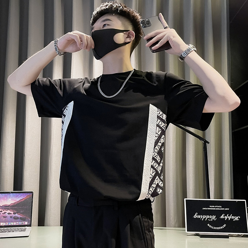 X45-P48 夏季拼接短袖T恤ins撞色半袖2024新款男装上衣潮流痞帅图片