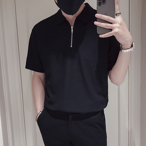T40-P48 夏季半拉链T恤男短袖POLO衫白色夏装男装痞帅衣服图片