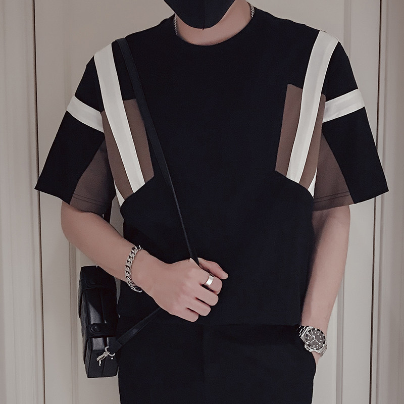 T65-P55黑白拼接撞色短袖男小领口潮牌痞帅炸街重磅T上衣高级感，男装T恤，电商A257