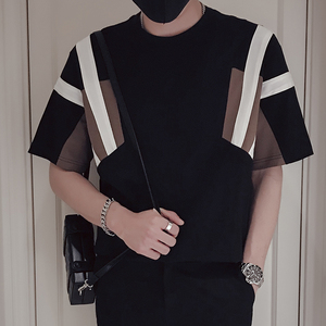 T65-P55 黑白拼接撞色短袖男小领口潮牌痞帅炸街重磅T上衣高级感,男装T恤,电商A257