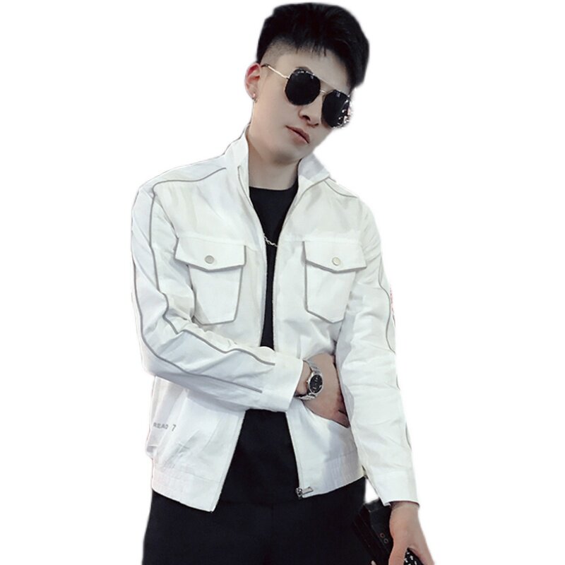 JK006-特批882021新款男士工装翻领休闲潮流反光潮牌百搭夹克黑2,男装夹克,电商A257