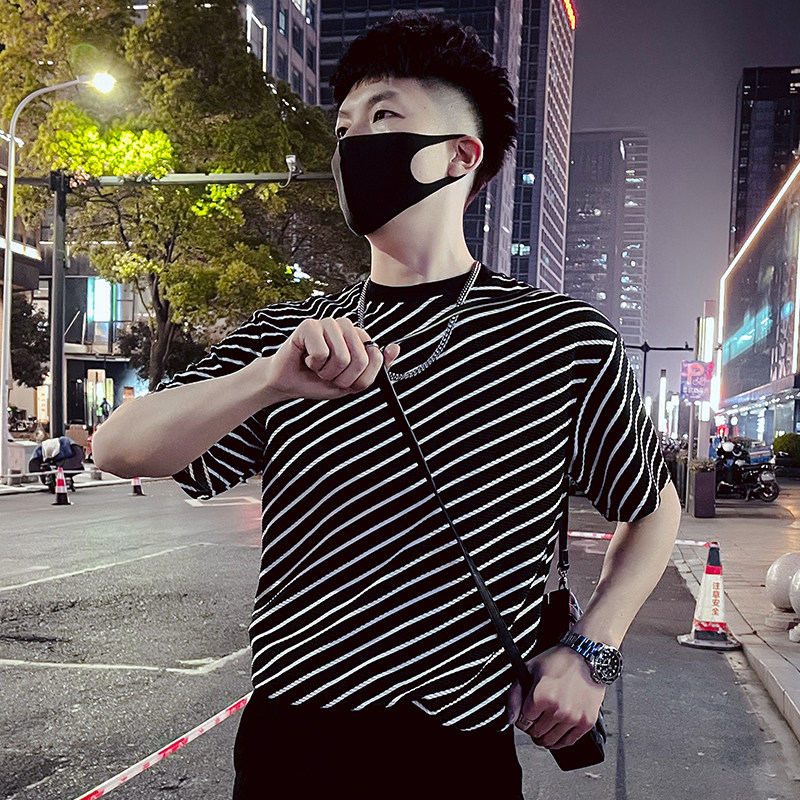T60-P55条纹短袖男夏季潮牌重磅七分袖上衣2023痞帅圆领半袖,男装T恤,电商A257