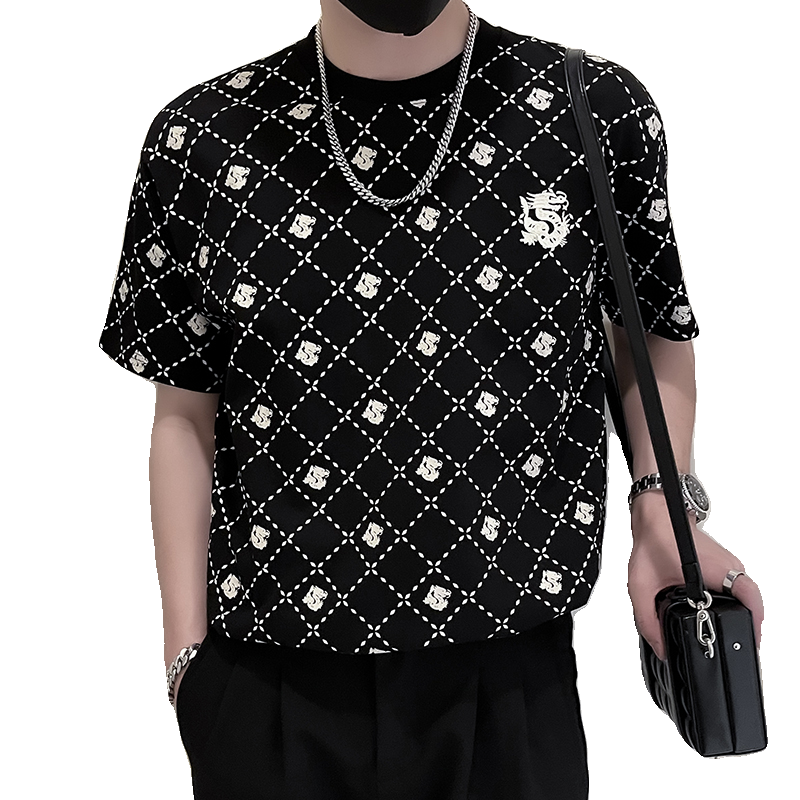 X33-P58夏季潮牌格子T恤男短袖潮流痞帅2024新款男装上衣服薄款,男装T恤,电商A257