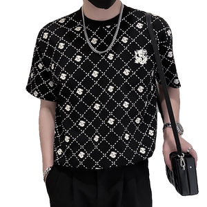 X33-P58 夏季潮牌格子T恤男短袖潮流痞帅2024新款男装上衣服薄款图片