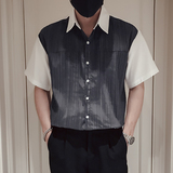T71-P58拼接男士短袖衬衫潮牌潮流痞帅男装设计感小众半尖领2，男装衬衫，电商A257