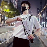 T37-特P48拼接条纹T恤男夏季短袖2023潮流男装休闲个性ins潮牌，男装T恤，电商A257