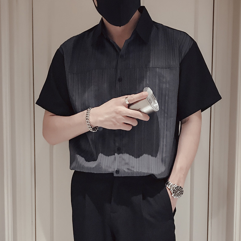 T71-P58拼接男士短袖衬衫潮牌潮流痞帅男装设计感小众半尖领2,男装衬衫,电商A257