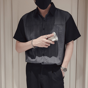 T71-P58 拼接男士短袖衬衫潮牌潮流痞帅男装设计感小众半尖领2图片