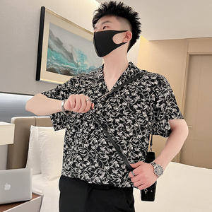 T48-P58夏季花衬衫男潮牌宽松五分袖2023新款中袖男装上衣短袖