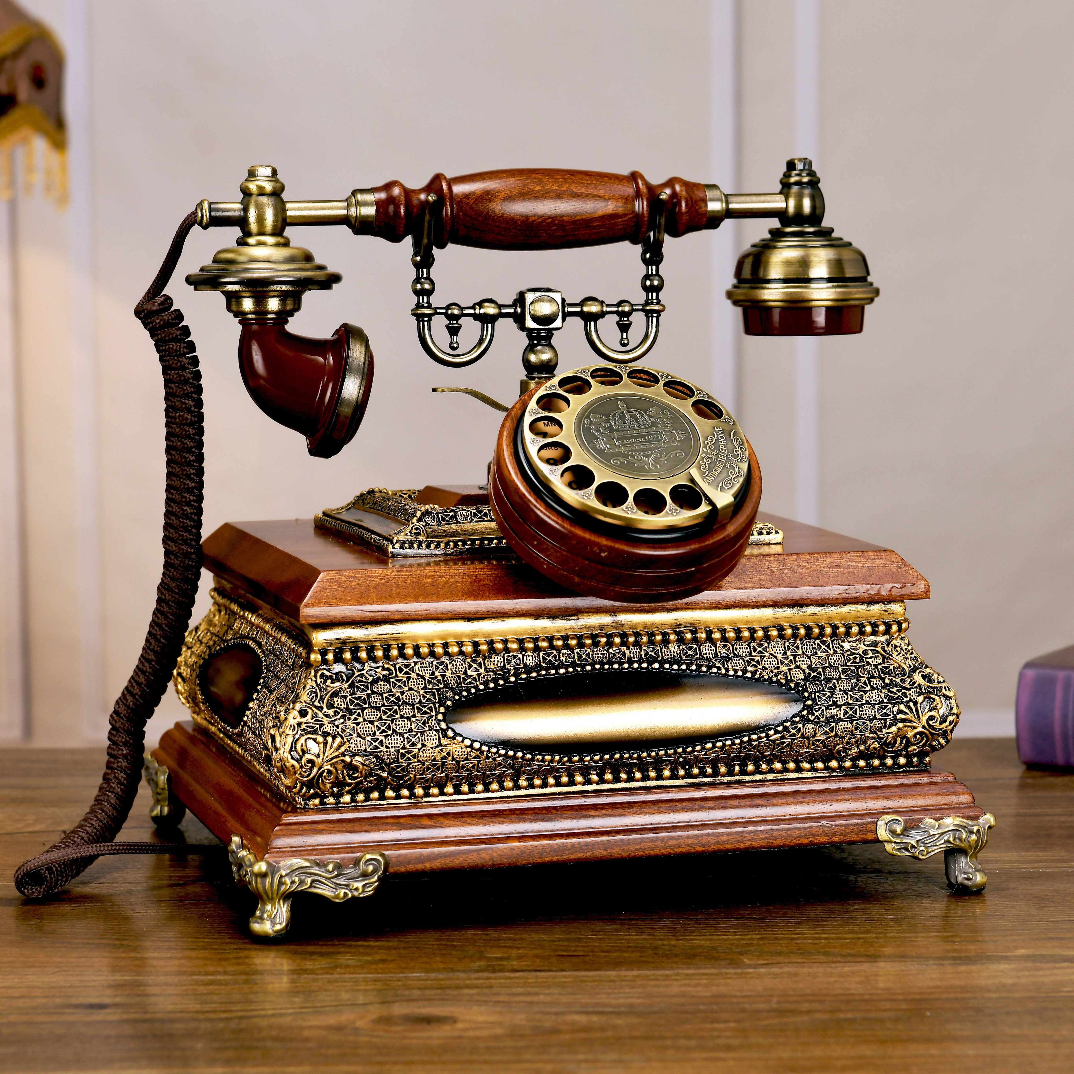 实木欧式仿古电话机家用时尚创意座机老式复古转盘无线插卡电话机