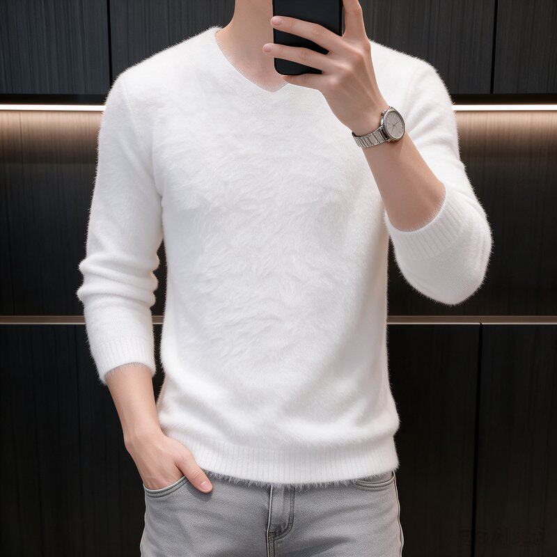 高品质水貂绒男士V领毛衣简约纯色修身款商务休闲内搭长袖针织衫