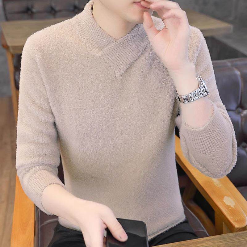 加绒加厚男士毛衣高端水貂绒保暖修身V领针织打底衫冬季羊绒线衣