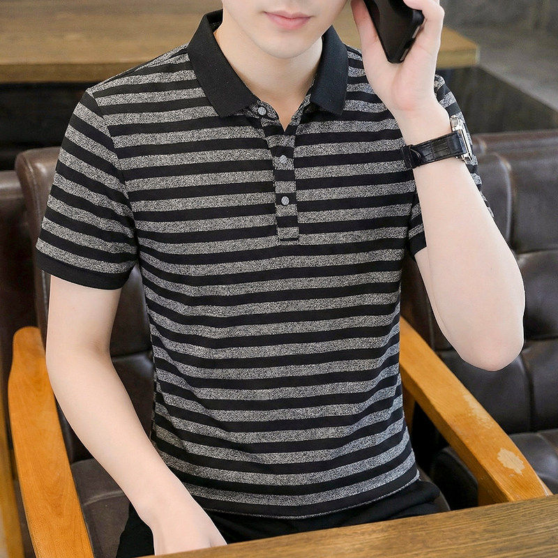 新款夏季男士条纹POLO衫短袖高端时尚百搭修身休闲翻领T恤上衣男