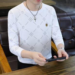 2025春秋长袖T恤男圆领韩版修身薄款纯棉新款潮牌印花男士打底衫