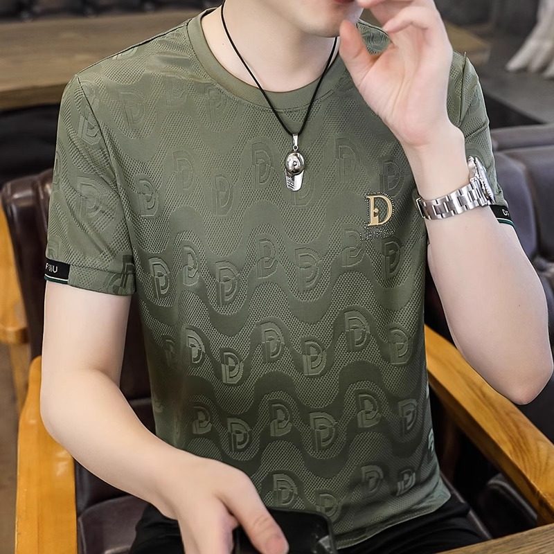 夏季冰丝短袖T恤男圆领修身透气2025新款潮流提花男士半袖上衣帅