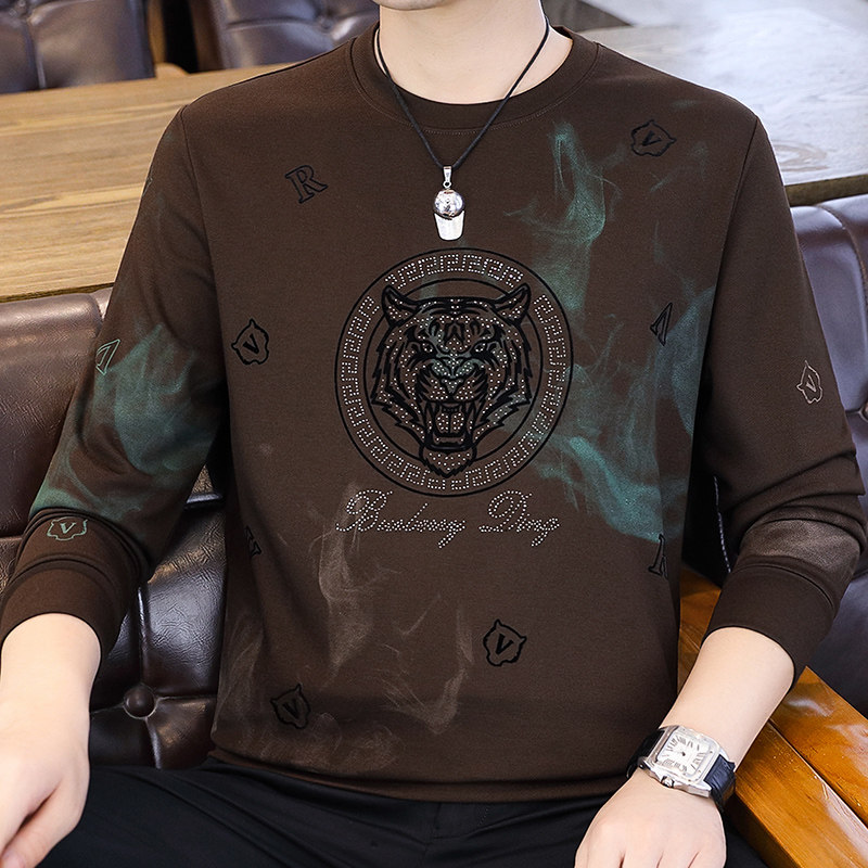 2025春秋新款卫衣男圆领修身高端潮牌烫钻印花长袖T恤男士打底衫