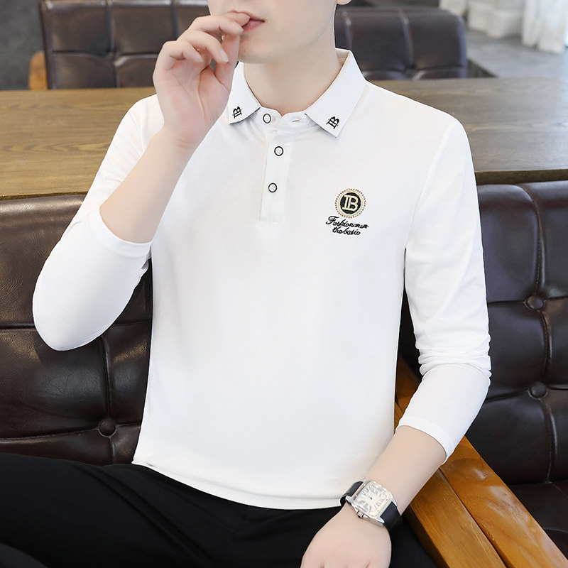 2025秋季新款翻领长袖T恤男纯棉修身薄款POLO衫男士衬衫领上衣服