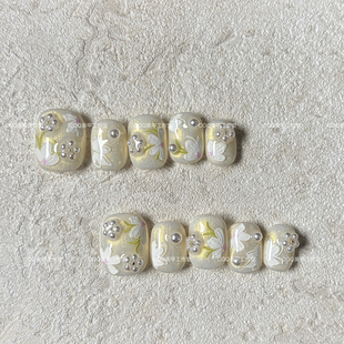 纯手工穿戴甲温柔小花立体珍珠花花精致甜美高级美甲 实拍