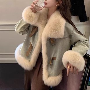 牛仔加厚羽绒服女外套2024入冬复古立领短款皮草白鸭绒棉衣派克服