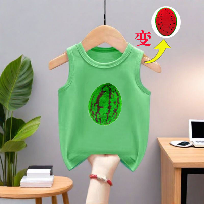 夏季新款套头女童无袖变色背心纯棉薄款男孩儿童休闲亮片上衣洋气