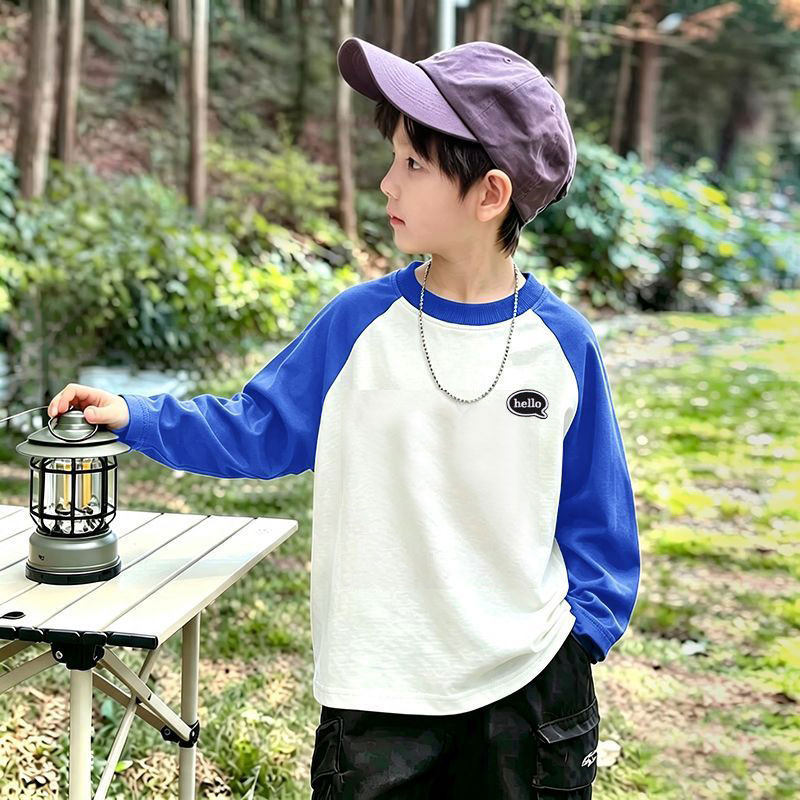 春秋季男童t恤长袖纯棉儿童秋装拼接圆领衣服中大童男宝帅气童装