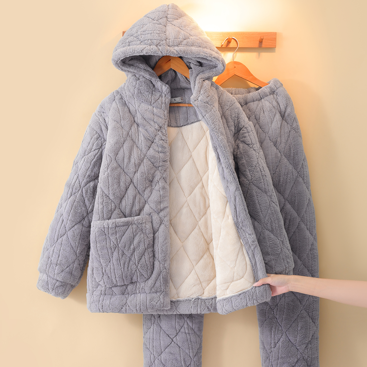 连帽睡衣男冬季加厚三层夹棉套装