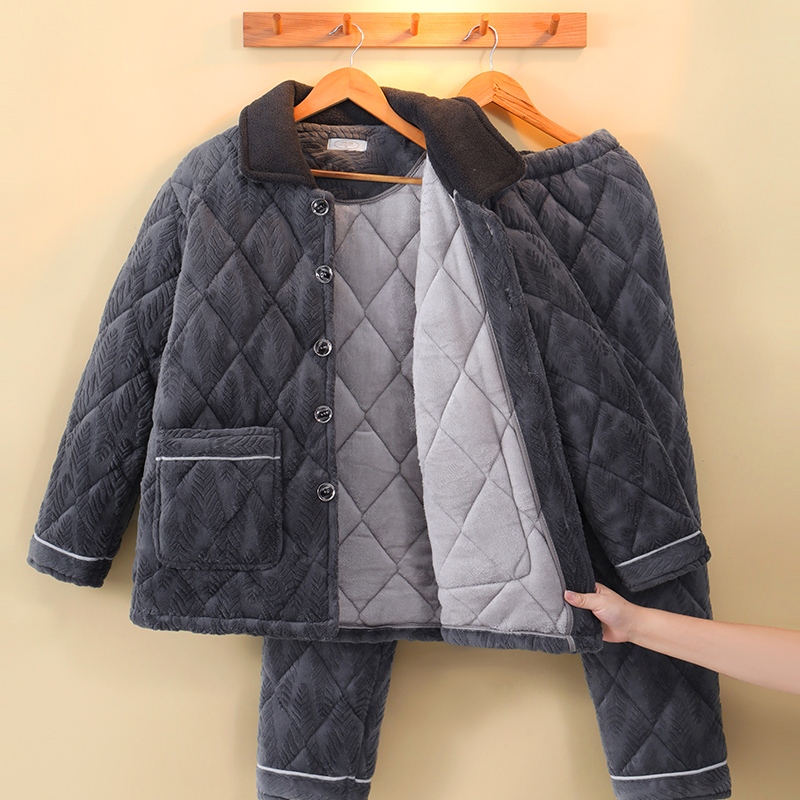 睡衣男士冬季保暖三层夹棉家居服