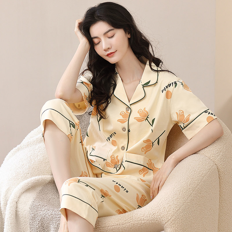 睡衣女士夏季纯棉短袖休闲宽松大码七分裤薄款夏款家居服两件套装