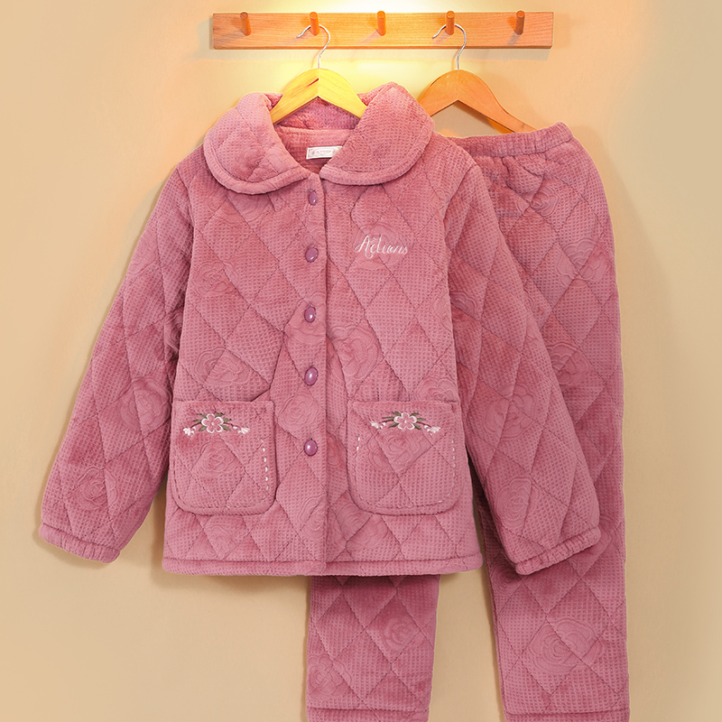 冬季加厚加绒保暖睡衣女士妈妈三层夹棉袄中老年珊瑚绒家居服套装
