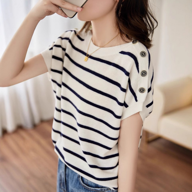 欧货女装2025夏季新款条纹上衣服冰丝短袖显瘦遮肉t恤针织衫爆款