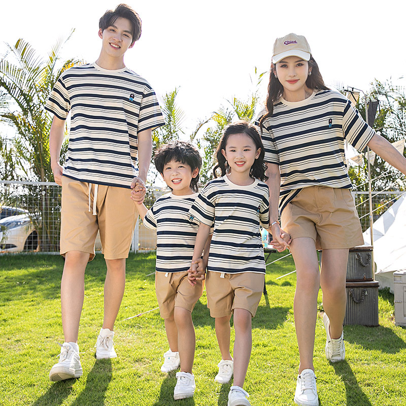 親子裝一家三口四口2025新款夏季母子母女裝姐弟全家條紋短袖套裝