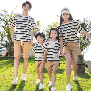 一家三口四口2025新款 套装 夏季 姐弟全家条纹短袖 母子母女装 亲子装