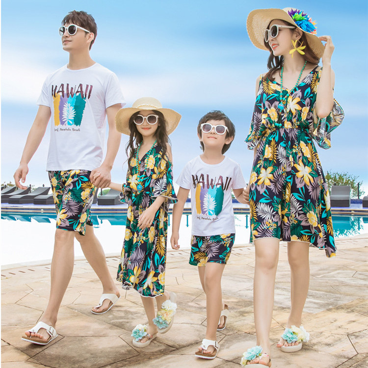 沙滩亲子装夏装母子母女连衣裙海边度假一家三口四大码加肥胖妈妈